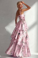Load image into Gallery viewer, Pink A Line Floral Square Neck Long Formal Dress with Ruffles