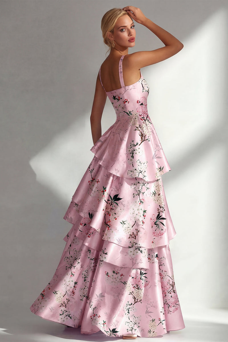 Load image into Gallery viewer, Pink A Line Floral Square Neck Long Formal Dress with Ruffles