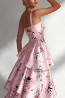 Load image into Gallery viewer, Pink A Line Floral Square Neck Long Formal Dress with Ruffles