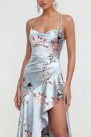 Load image into Gallery viewer, Pink Floral Spaghetti Straps A Line Long Formal Dress with Ruffles