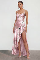 Load image into Gallery viewer, Pink Floral Spaghetti Straps A Line Long Formal Dress with Ruffles