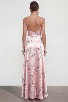 Pink Floral Spaghetti Straps A Line Long Formal Dress with Ruffles