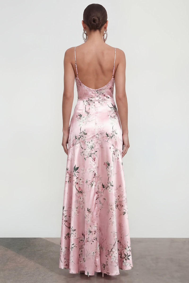 Load image into Gallery viewer, Pink Floral Spaghetti Straps A Line Long Formal Dress with Ruffles