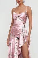 Load image into Gallery viewer, Pink Floral Spaghetti Straps A Line Long Formal Dress with Ruffles