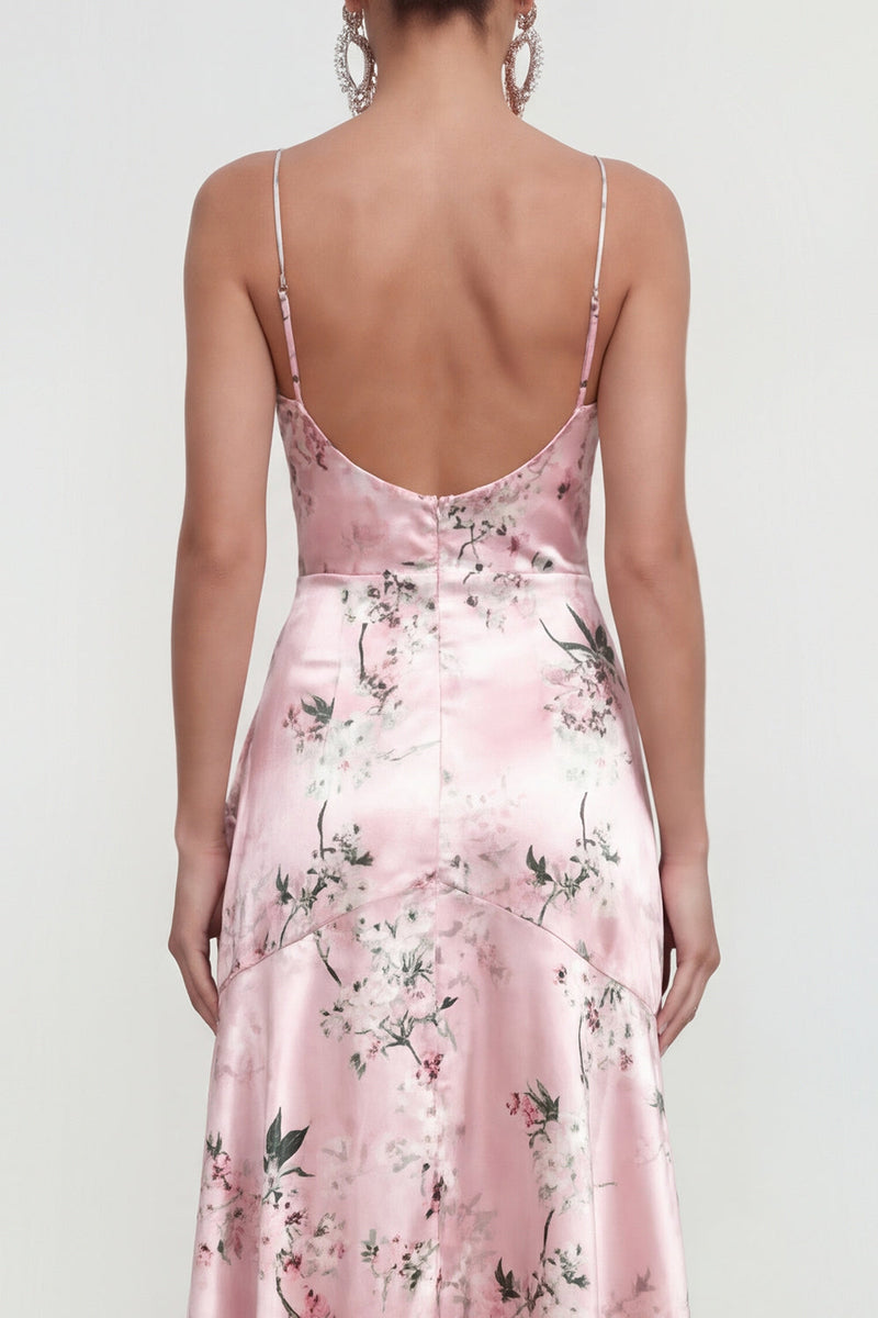 Load image into Gallery viewer, Pink Floral Spaghetti Straps A Line Long Formal Dress with Ruffles