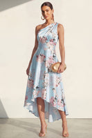 Load image into Gallery viewer, Pink One Shoulder A Line High Low Ruched Floral Formal Dress