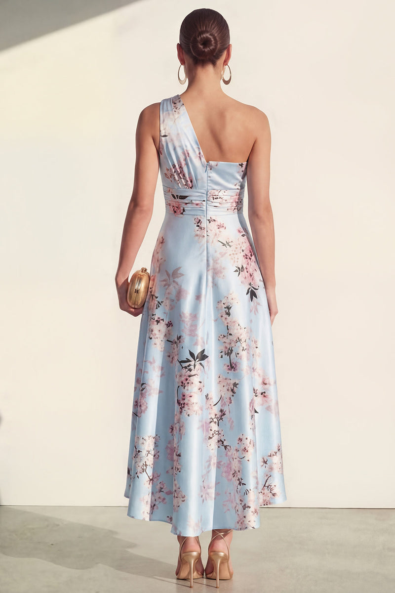 Load image into Gallery viewer, Pink One Shoulder A Line High Low Ruched Floral Formal Dress