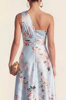 Load image into Gallery viewer, Pink One Shoulder A Line High Low Ruched Floral Formal Dress