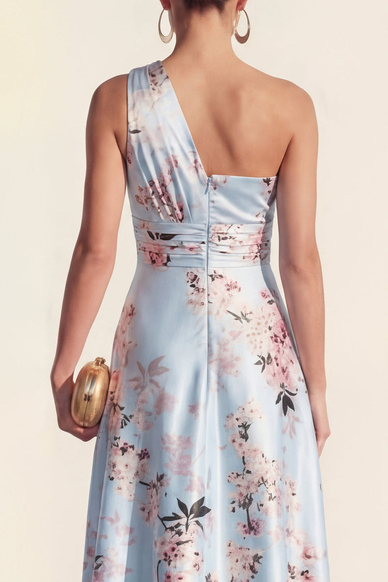 Load image into Gallery viewer, Pink One Shoulder A Line High Low Ruched Floral Formal Dress
