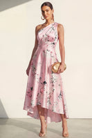Load image into Gallery viewer, Pink One Shoulder A Line High Low Ruched Floral Formal Dress