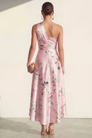 Load image into Gallery viewer, Pink One Shoulder A Line High Low Ruched Floral Formal Dress