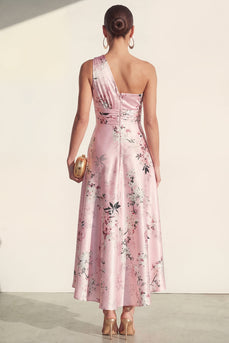 Pink One Shoulder A Line High Low Ruched Floral Formal Dress