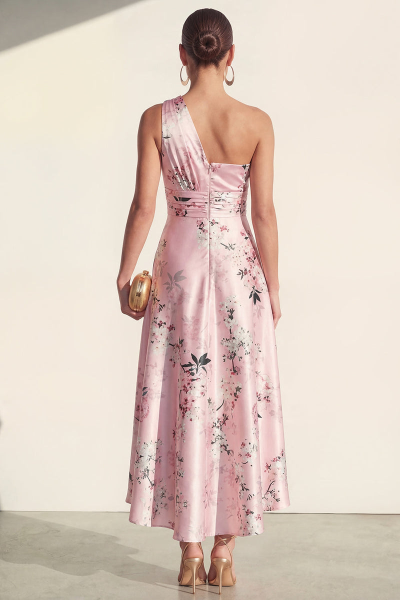 Load image into Gallery viewer, Pink One Shoulder A Line High Low Ruched Floral Formal Dress