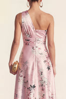 Load image into Gallery viewer, Pink One Shoulder A Line High Low Ruched Floral Formal Dress