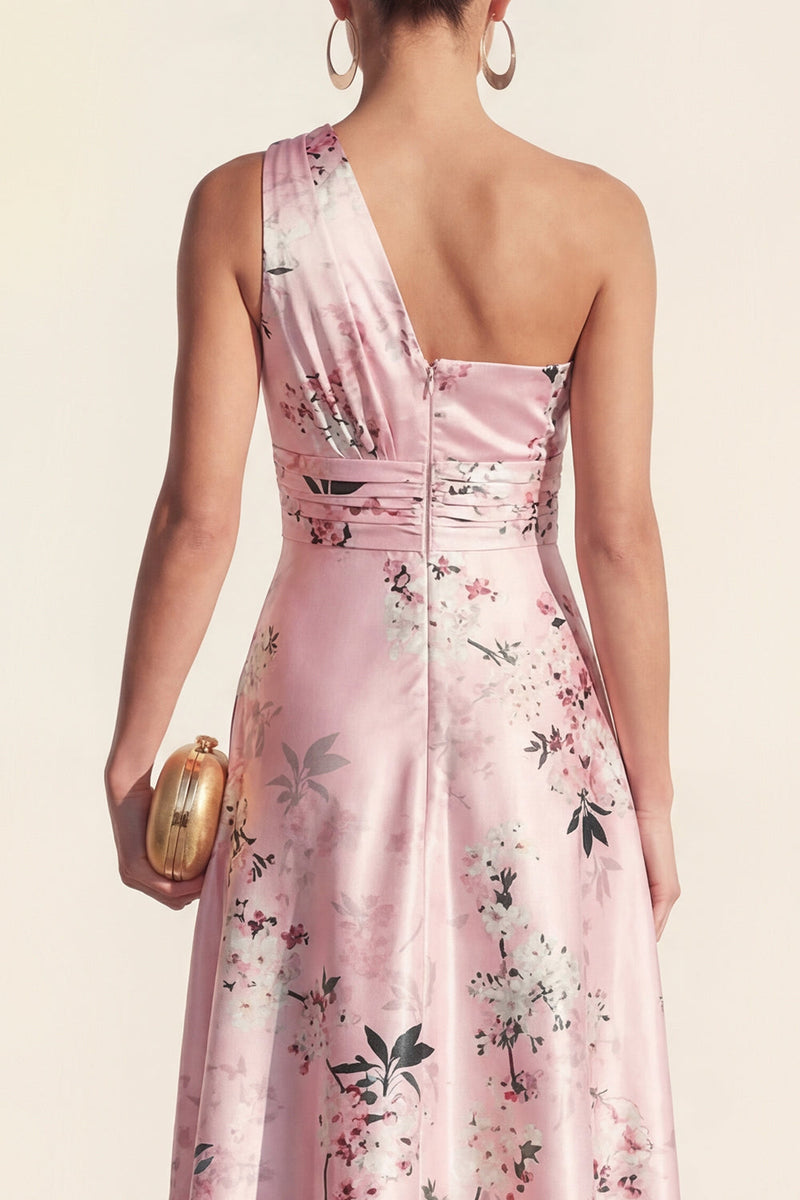 Load image into Gallery viewer, Pink One Shoulder A Line High Low Ruched Floral Formal Dress