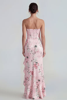 Pink Floral Corset Mermaid Long Formal Dress with Ruffles