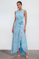 Load image into Gallery viewer, Blue Pink Flower Maxi Sheath Formal Dress with Ruffles