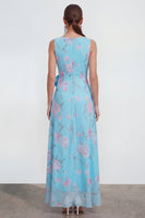 Load image into Gallery viewer, Blue Pink Flower Maxi Sheath Formal Dress with Ruffles