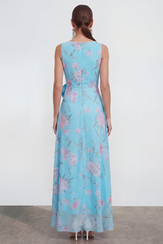 Blue Pink Flower Maxi Sheath Formal Dress with Ruffles