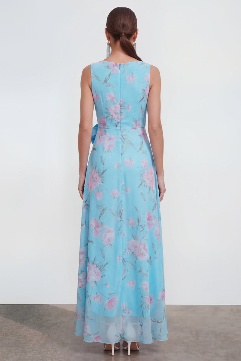 Load image into Gallery viewer, Blue Pink Flower Maxi Sheath Formal Dress with Ruffles