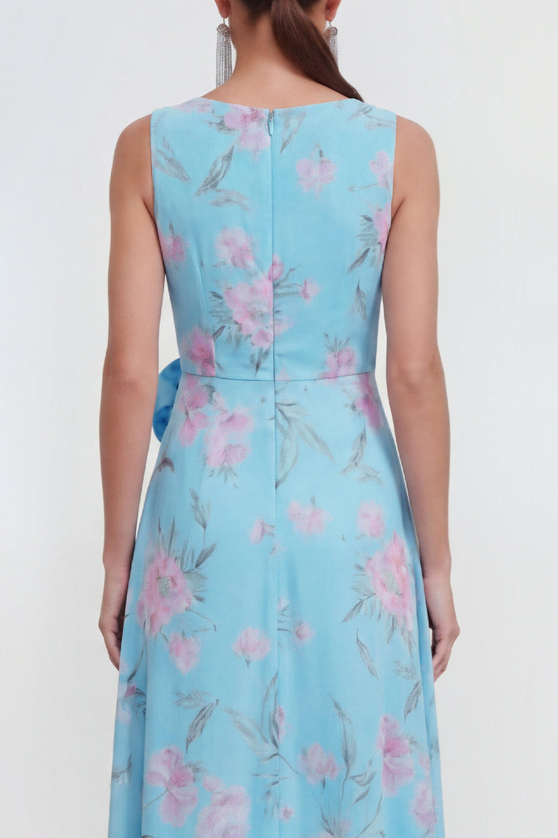 Load image into Gallery viewer, Blue Pink Flower Maxi Sheath Formal Dress with Ruffles