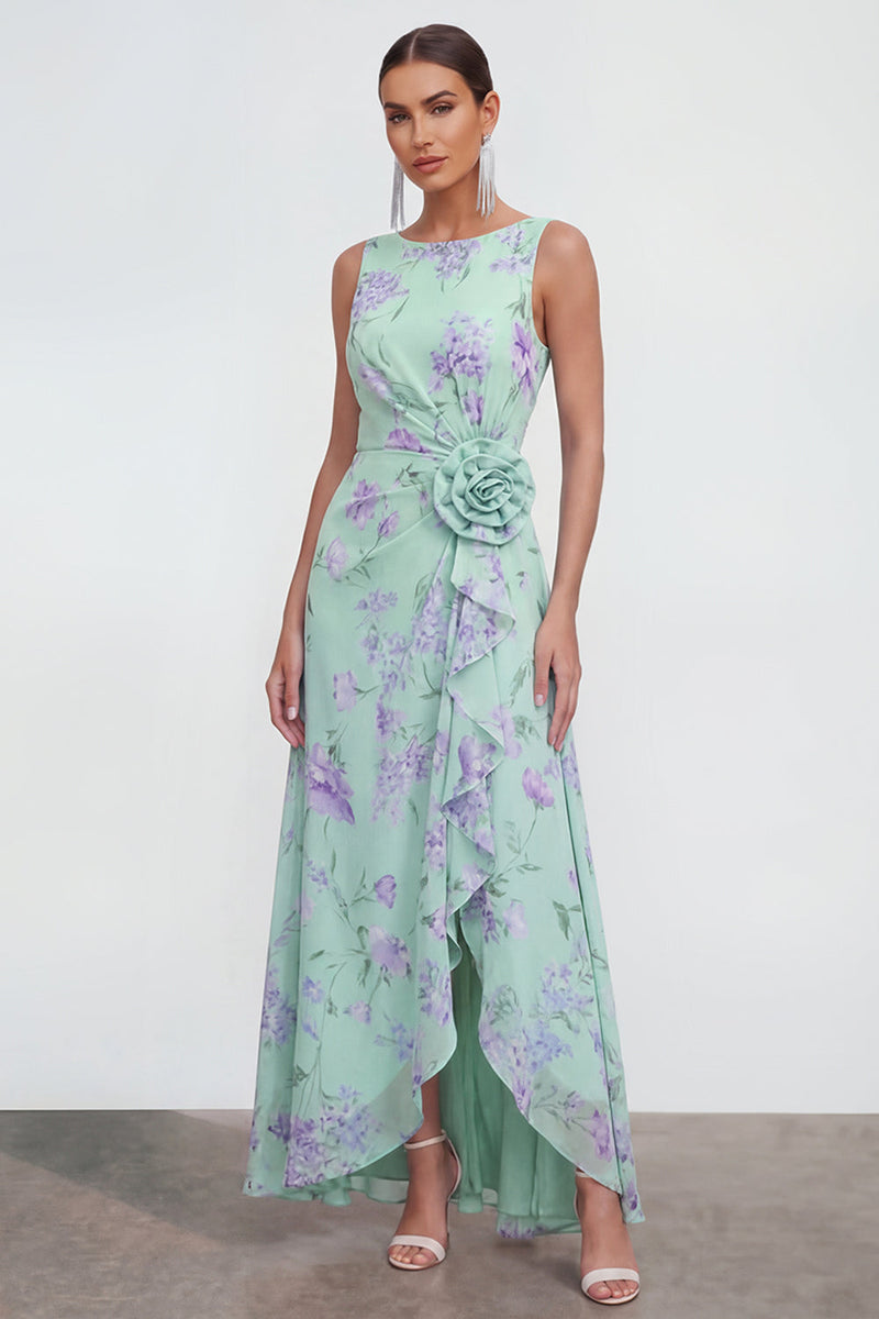 Load image into Gallery viewer, Blue Pink Flower Maxi Sheath Formal Dress with Ruffles
