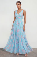 Load image into Gallery viewer, Blue Pink Flower A Line Ruched Maxi Formal Dress