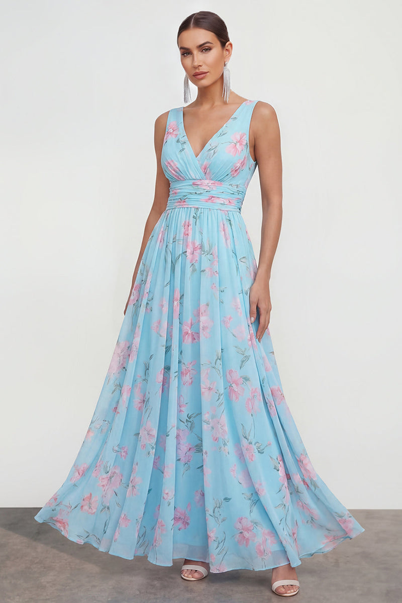 Load image into Gallery viewer, Blue Pink Flower A Line Ruched Maxi Formal Dress