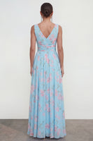Load image into Gallery viewer, Blue Pink Flower A Line Ruched Maxi Formal Dress