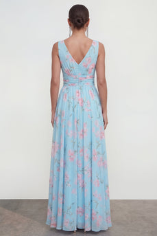 Blue Pink Flower A Line Ruched Maxi Formal Dress