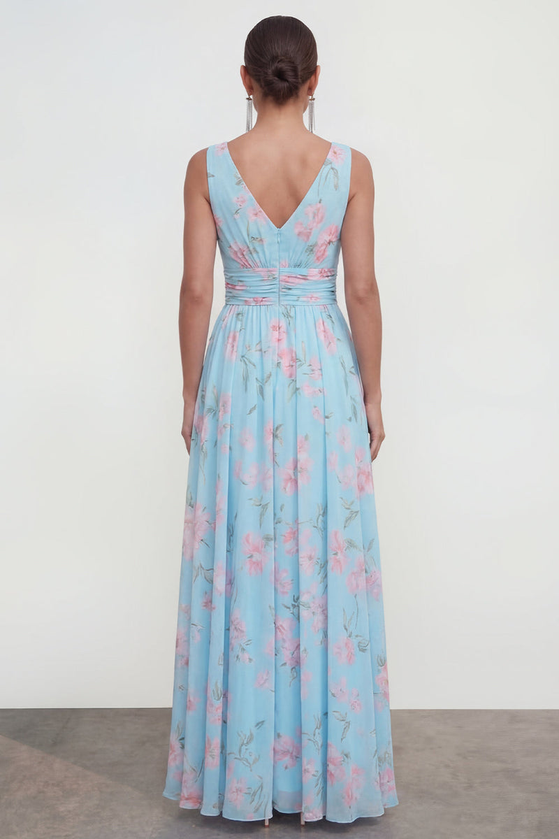 Load image into Gallery viewer, Blue Pink Flower A Line Ruched Maxi Formal Dress