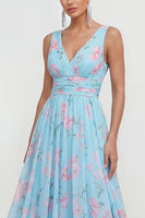 Load image into Gallery viewer, Blue Pink Flower A Line Ruched Maxi Formal Dress