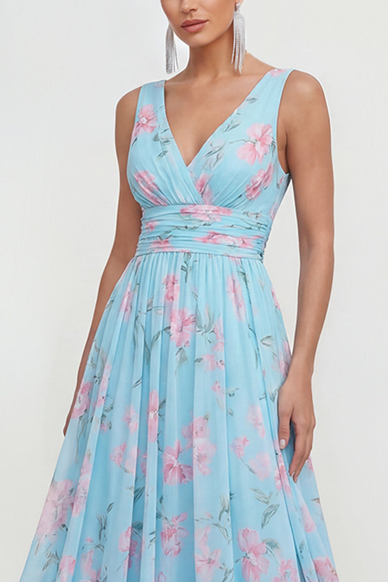 Load image into Gallery viewer, Blue Pink Flower A Line Ruched Maxi Formal Dress