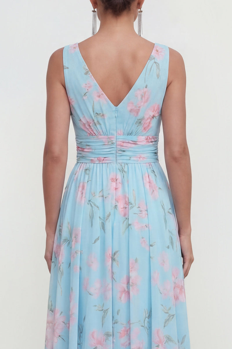 Load image into Gallery viewer, Blue Pink Flower A Line Ruched Maxi Formal Dress