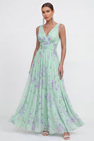 Load image into Gallery viewer, Blue Pink Flower A Line Ruched Maxi Formal Dress