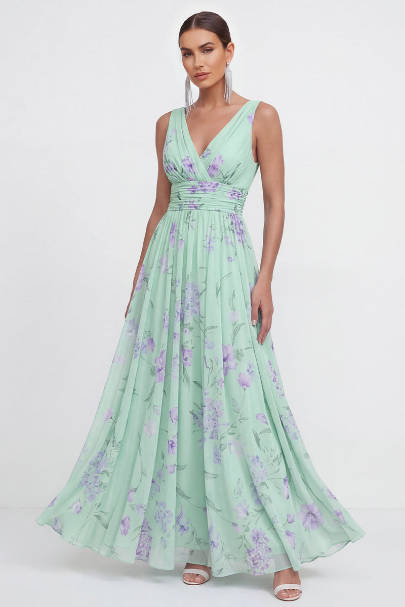 Load image into Gallery viewer, Blue Pink Flower A Line Ruched Maxi Formal Dress