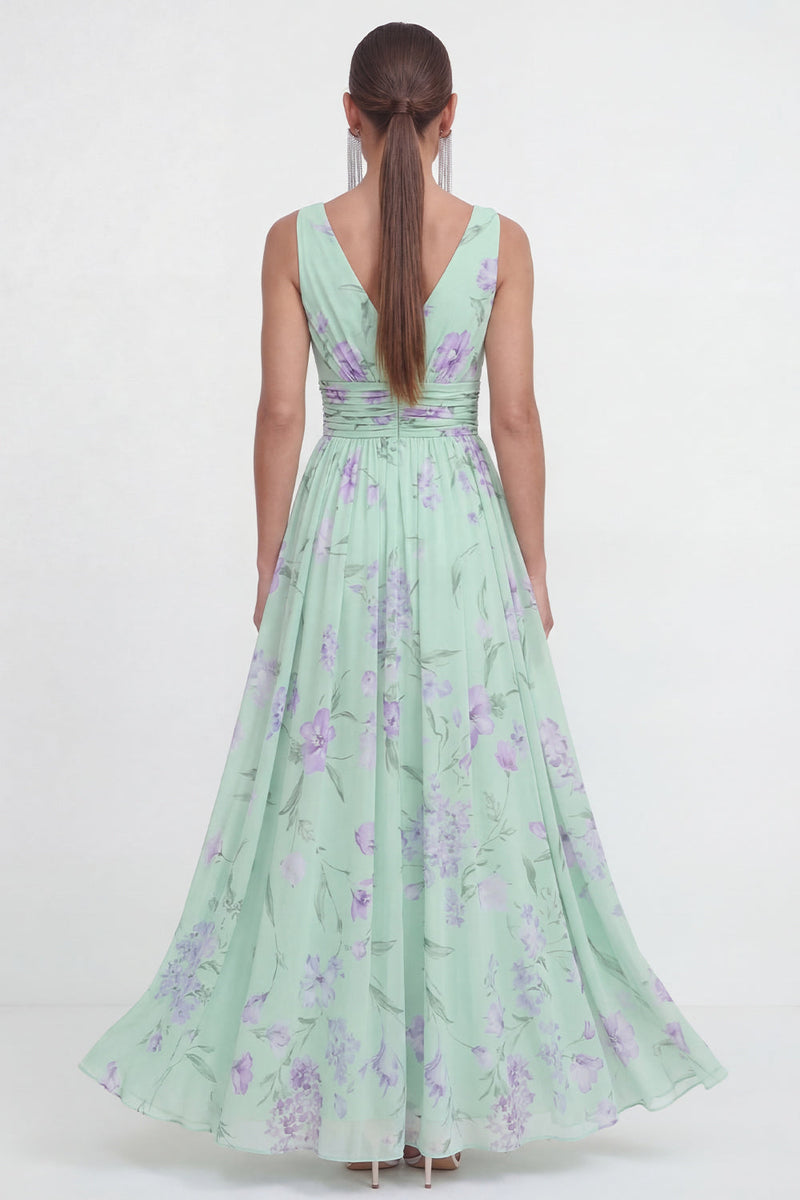 Load image into Gallery viewer, Blue Pink Flower A Line Ruched Maxi Formal Dress