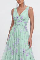 Load image into Gallery viewer, Blue Pink Flower A Line Ruched Maxi Formal Dress