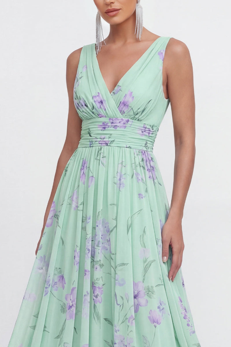 Load image into Gallery viewer, Blue Pink Flower A Line Ruched Maxi Formal Dress