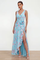 Load image into Gallery viewer, Green Purple Flower Ruffled Maxi Formal Dress with Slit