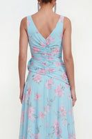 Load image into Gallery viewer, Green Purple Flower Ruffled Maxi Formal Dress with Slit