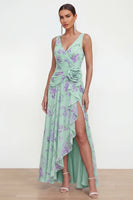 Load image into Gallery viewer, Green Purple Flower Ruffled Maxi Formal Dress with Slit