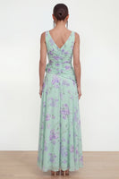 Load image into Gallery viewer, Green Purple Flower Ruffled Maxi Formal Dress with Slit