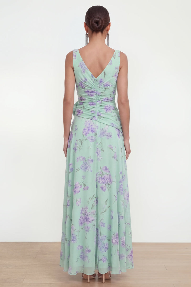 Load image into Gallery viewer, Green Purple Flower Ruffled Maxi Formal Dress with Slit