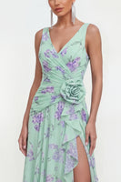 Load image into Gallery viewer, Green Purple Flower Ruffled Maxi Formal Dress with Slit