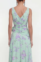 Load image into Gallery viewer, Green Purple Flower Ruffled Maxi Formal Dress with Slit