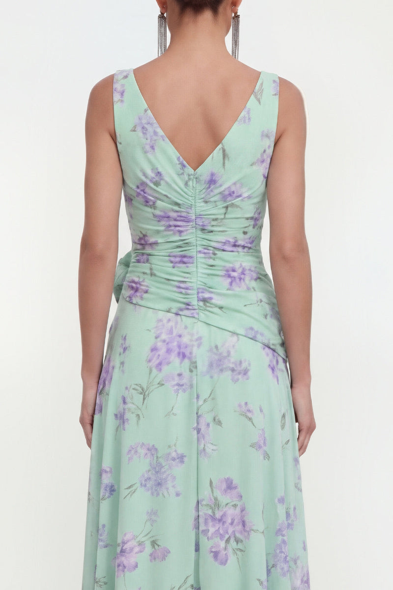 Load image into Gallery viewer, Green Purple Flower Ruffled Maxi Formal Dress with Slit