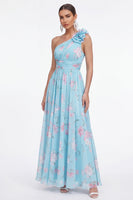 Load image into Gallery viewer, Blue Pink Flower Maxi Ruched A Line Beach Formal Dress