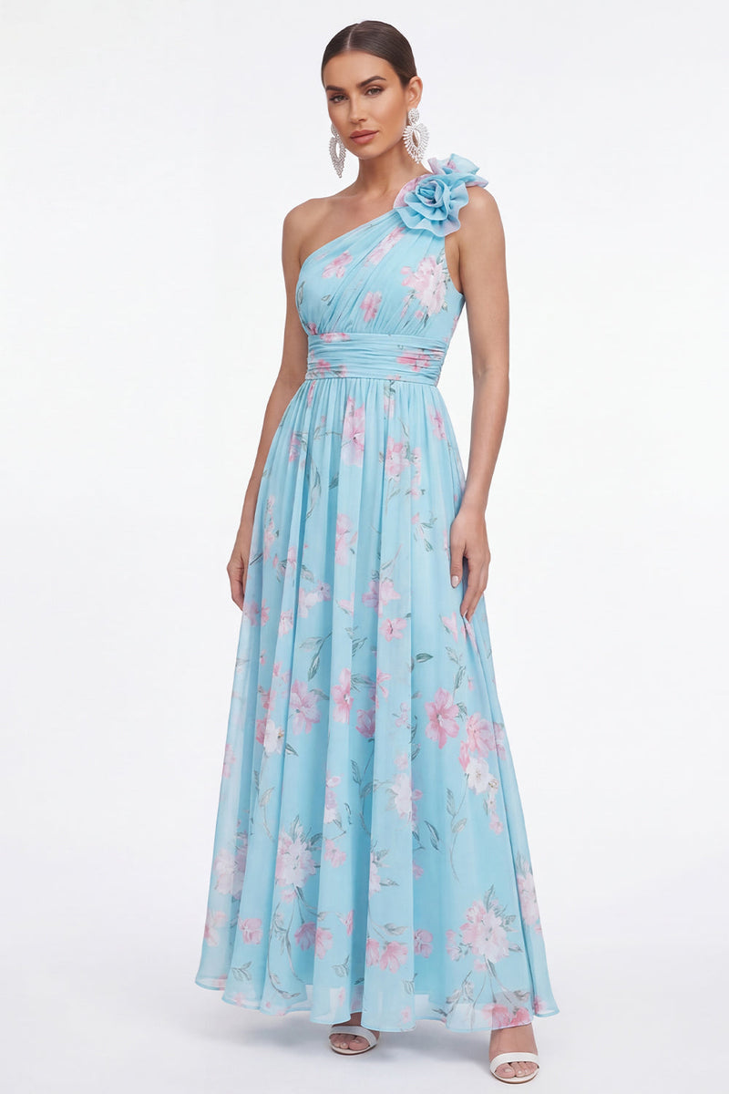 Load image into Gallery viewer, Blue Pink Flower Maxi Ruched A Line Beach Formal Dress
