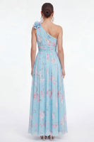 Load image into Gallery viewer, Blue Pink Flower Maxi Ruched A Line Beach Formal Dress